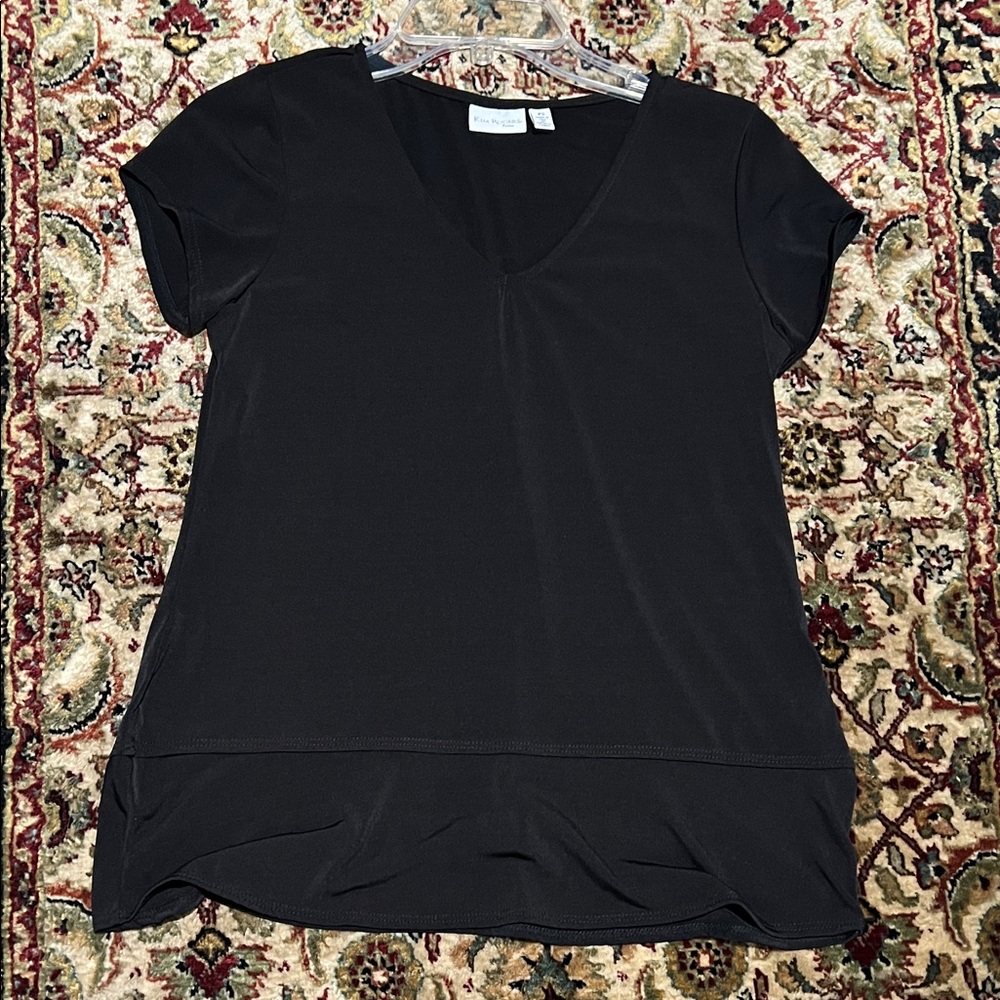 Kim Rogers Black Short Sleeve V-Neck Top Semi Sheer Bottom Size Small Petite